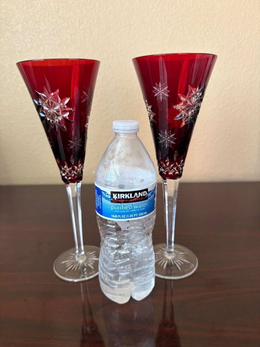 Waterford Snowflake Wishes Joy 2011 Ruby Champagne Flutes Pair Signed O'Keeffe - Picture 4 of 13